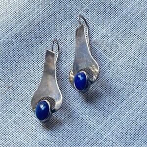 Sterling Silver Lapis Drop Earrings Modernist Artisan 925